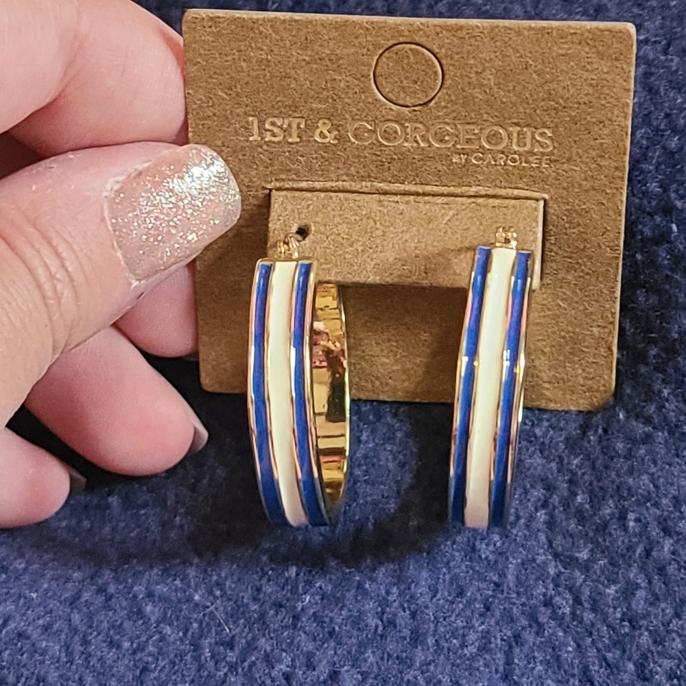 Blue and white hoop earrings